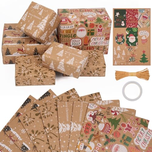 8 hojas de papel de regalo navideño de 70 x 50 cm, papel kraft reciclable con 9 etiquetas y cordel para envolver regalos en cajas de Navidad