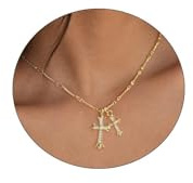 Korskedja guld damer – dubbelt korshänge kedja med zirkon, förgyllt halsband med två kors, kristna smycken damer, jesus-halsband, tro smycken, religiösa presenter för kvinnor
