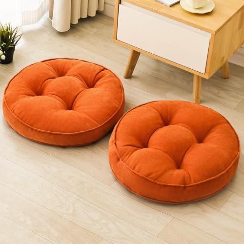 AS AWESLING Floor Pillows Set of 2 | Meditation Cushions | 55cm x 55cm Floor Seating with Shredded Foam Padding | for Adults, Yoga, Living Room (ROUND, ORANGE, 55CM × 55CM)