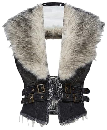 WDIRARA Women's Faux Fur Denim Vest Smocked Open Back Sleeveless Raw Trim Cropped Vest Jacket Grunge Punk Black Small