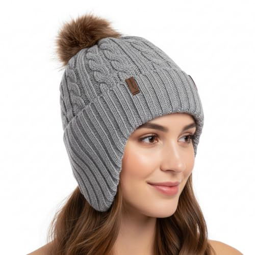 Comhats Bonnet en laine mérinos doublé en polaire avec protection pour les oreilles - Pompon chaud, mode, pour temps froid - Beanie pour femmes, gris, M