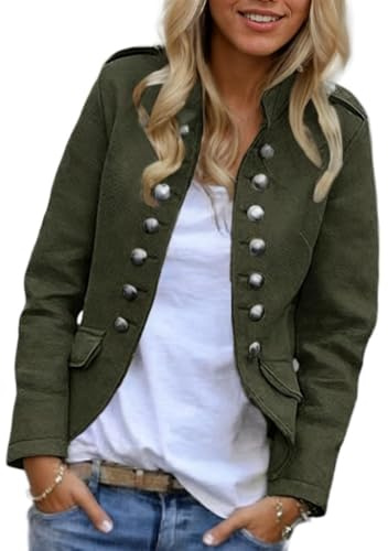 Generisch Blazer da donna dal taglio corto con doppio petto, leggero blazer business con colletto alla coreana, elegante cappotto per le mezze stagioni per l'autunno, Verde militare, M