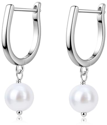 BodyBonita Pendientes Perla Mujer, Aretes con Postes de Plata de Ley 925, Pendientes Hipoalergenicos Mujer, Aretes de Hoja de Ginkgo, Joyería de Moda Color Plata Hoop-A