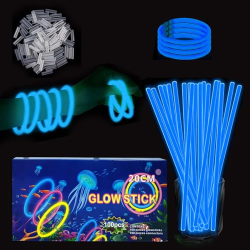 YAAVAAW 100 Pulseras Luminosas Fluorescentes Azul, Barras Fluo con 100 Conectores, para Halloween, Navidad, Cumpleaños, Boda, Suministros de Fiesta para Niños y Adultos