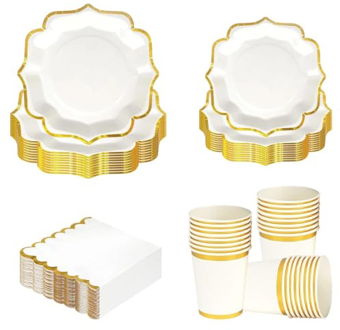MYHOGOOD White and Gold Scalloped Disposable Party Tableware Set 100Pcs, 9 & 7 Paper Plates, Cups & Napkins Serves 25 Guests, Elegant Dinnerware for Wedding, Bridal Shower, Birthday, Baby Shower