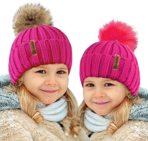 TOSKATOK® Vintermössa för barn flickor med avtagbar utbytbar fuskpäls pom pom, Cerise, one size