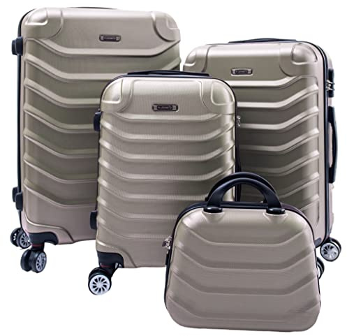 R.Leone Valigia da 1 pezzo Fino a Set 4 Trolley Rigido grande, medio, bagaglio a mano e beauty case 8 ruote in ABS 2026 (Oro, Set 4 XXS S M L)