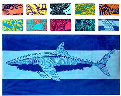 Nova Blue Serviette de Plage Motif Requin – Bleu avec Un Motif Tropical, Extra Large, XL (86,4 x 160 cm) Cool Hawaiian Serviette de Plage Bleu Marine avec Rayures Bleu Clair, 100% Coton