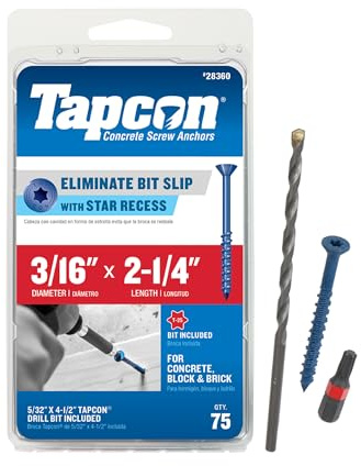 Tapcon 3/16 x 2-1/4 Inch Blue Climaseal® Star Head Concrete Anchors, 75 PCS, Corrosion Resistant Coating, Heavy-Duty Concrete and Masonry Screws, Superior Holding Strength, Drill & T-25 Bit Included