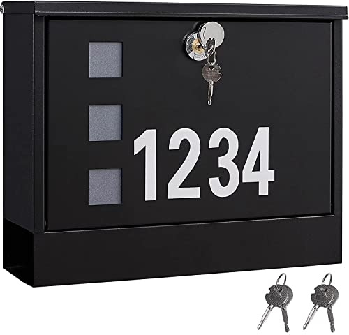 LAND·VOI Locking Mailbox Wall Mounted, Metal Postbox with Three Sets of Mail Box Number Stickers, 4 Keys, 14.4 x 4.5 x 11.2, Large Capacity, Black, AMB11B