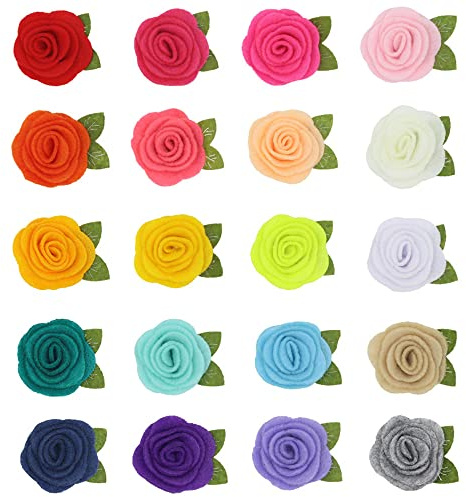 JKJF 20 rosetas de fieltro con hojas de fieltro, flores de tela para manualidades, accesorios para el cabello, decoración de boda, 20 colores