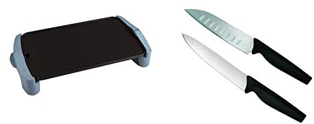 JATA GR2500AM - Plancha de asar de 2.500 W, calor uniforme por toda la superficie + Set de 2 cuchillos de cocina y Santoku ESSENTIAL. Acero inoxidable. Línea Azabache - Jata Hogar