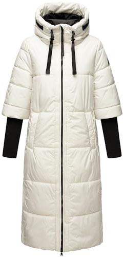 Navahoo Cappotto invernale lungo da donna caldo trapuntato con cappuccio e maniche a costine Ciao Miau XIV XS-3XL, bianco, M