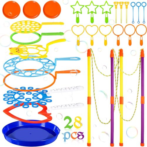 NCKIHRKK Seifenblasen Set, 28 Stück Seifenblasen Spielzeug Riesenseifenblasen Kinder und Erwachsene, mit 2 Seifenblasen Stab Groß, für Outdoor Spiele, Kindergeburtstag, Partys, Hochzeit