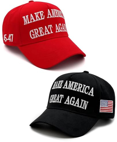 Aeonda Trump 2024 45-47 MAGA Hat Make America Great Again Donald Trump Slogan mit USA-Flagge Baseballkappe, 2 x rote und schwarze Maga-Hut, M/Einheitsgröße