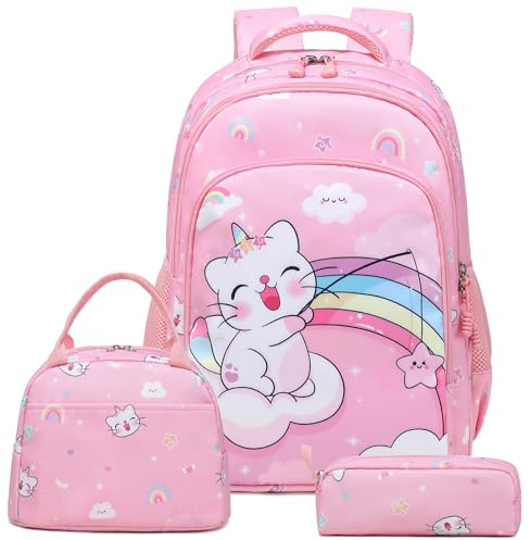 Kimwadalh Mochilas Niños Unicornio Gato Mochilas Primaria Niñas ochilas Infantiles Niños Girls Backpack 3 en 1 Set de Mochilas Escolares para Niñas
