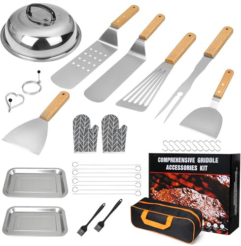 RUINENGDA BBQ Utensil Set, Flat Top Griddle Accessories Kit, Stainless Steel Teppanyaki Grill Kit for Blackstone & Gas Grill, BBQ Gifts for Men (34PCS)