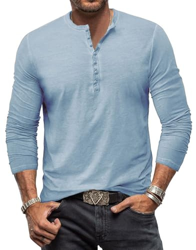 YawYews Maglia Manica Lunga Uomo Maglietta Cotone Uomo T Shirt Manica Lunga Aderente Lunghe Vintage retrò Azzurro L