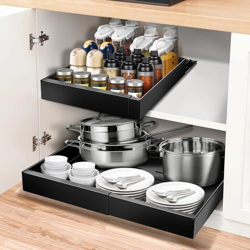 ICARE Teleskopschublade, Einstellbare Breite 32-52cm, Hochwertiger Kohlenstoffstahl Schubladen Organizer Küche, Pull Out Cabinet Drawer Organizer, Küchenschrank Schrank Organizer Ausziehbar（Schwarz）