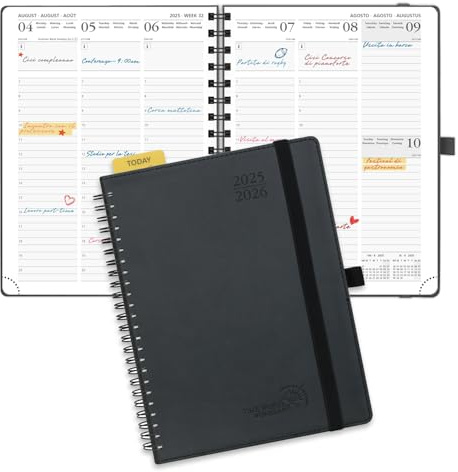 POPRUN Agenda 2025 2026 Semainier 22 x 16,5 cm D'Août 2025 à Déc 2026, Planner Vertical Scolaire 17 Mois avec Couverture Souple Spirale, Règle et signet, Papier 80g/m², Noir