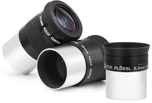 Astromania Telescope Eyepiece Set 1.25 Inch Super Plossl Eyepiece Set 6.3mm 15mm 26mm, 5 Element Fully Multi Coated Metal 52 Degree Apparent Field, Telescope Accessory Set for Astronomy Telescope