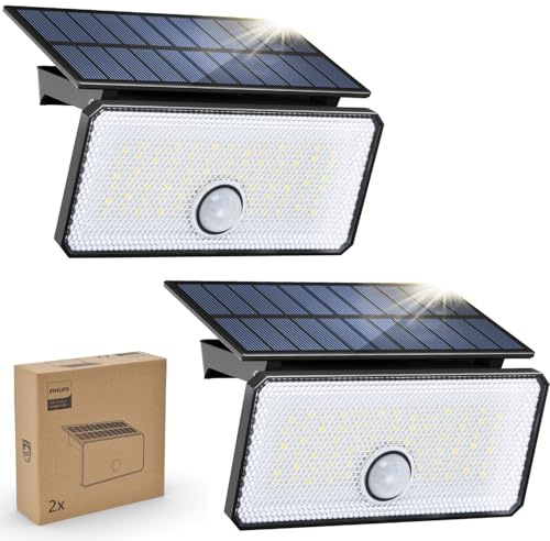 Philips Solarlampen für Außen mit Bewegungsmelder, 1000LM 7000K Tageslicht, Wasserdicht Aussenlampe mit PIR-Bewegungsmelder, 3 Modi LED Aussenleuchte für Garten, Hof, Garage (2 Stück)