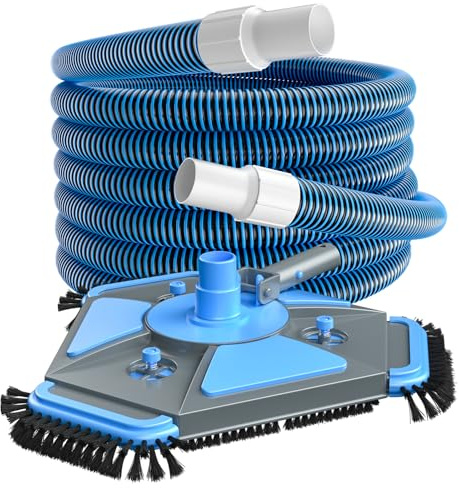 UIRWAY Upgrade Pool Vacuum Head with Side Brush & 360° Swivel Cuff, Heavy Duty Manual Kink-Resistant 1-1/2 x 30 Ft Vacuum Hoses, Weighted Triangular Shape for Inground & Above Ground Pool(No Pole)