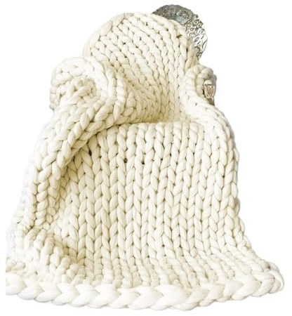 UALXPAO Tjock stickad filt överkast hand tjock stickad filt tjockt garn skrymmande stickning överkast filtar mattor mjuk varm vinter hem soffa säng (benvit, 100 x 120 cm)