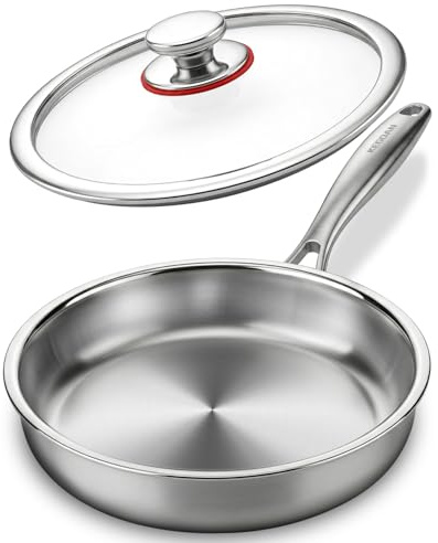 KEGDAN 12 Inch Stainless Steel Pan, 5pcs Tri-Ply Stainless Steel Frying Pan with Lid, Dishwasher & Oven Safe, Induction Cooking Skillets, Fast & Even Heat and Detachable Handle