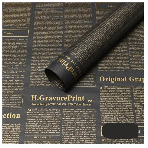 Wrapping Paper Rolls 20 Sheets Vintage English Newspaper Thin Wrap Paper - Floral Bouquet Craft & Artwork Packaging Liner(06-Black-Gold word)