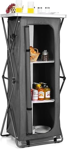Folding 3-Tier Camping Storage Cabinet with Tabletop and Carry Bag for Outdoor Picnic, BBQ, Travel and Backyard Use