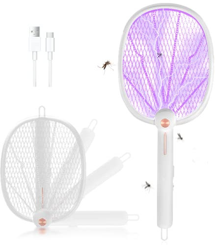 BNGXR 3 in 1 Elektrische Fliegenklatsche, 3000V Automatische Fliegenklatsche mit UV Lichtfalle, USB Wiederaufladbare Faltbar Mückenklatsche, Hängende Elektrische Moskito Fliegenfänger