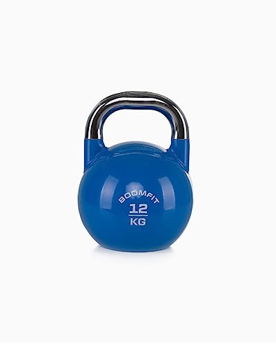 BOOMFIT Kettlebell de Competición 12 kg | Tamaño único para técnica constante y segura | Asa cómoda y base plana estable | Para fuerza y cardio funcional en casa o box | Pesa rusa 12 kg por color