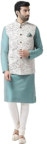KISAH Men's Kurta with Multi-Color Printed Nehru Jacket & Pajama Set - Indian Ethnic Kurta Set for Weddings & Festivals, Green White, 38