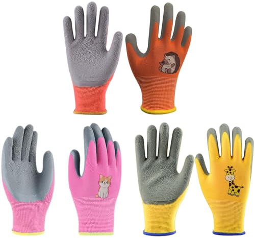 CubePlug 3 pares de guantes de jardinería para niñas y niños de 4 a 11 años, guantes de trabajo antideslizantes, guantes de trabajo de jardinería para niños, guantes de jardinería y trabajo con