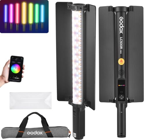 Godox LC500R Mini Handheld RGB Tube Light, 2500K-8500K RGB Stick Light with Barndoor&Soft Diffuseur, 20W 360°Full Color CRI 96+ 15 FX Effects LED Lighting Wand with APP Control