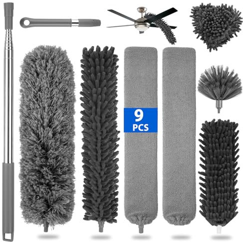 Otauoaea Plumero de 9 Piezas, Plumero Telescópico Lavable, Longitud Máxima 37,5-190cm, Plumero Atrapapolvo para techos Altos, Ventiladores de Techo, telarañas