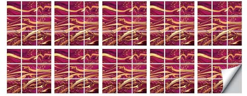Tile Stickers Rose Red Gold Kitchen Bathroom Tile Stickers Transfers Printed, Tiles DIY Stick On Wall Tile Style Decals,Self Adhesive Wall Art Decor Splashbacks 20X20Cm