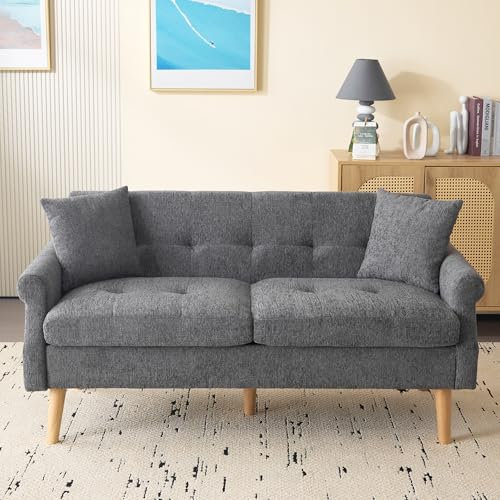 Merax Sofa 2 Sitzer, 2er Sofa mit 2 Kissen, Kleine Stoffcouch Küchensofa mit Armlehne, Mini Sofa Gepolsterte Couch Loveseat, für Wohnzimmer/Wohnung/Büro, Chenille-Stoff, 162x74x77CM/Grau