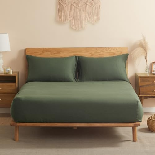 DAPU Spannbettlaken Leinen, 100% französischer Naturflachs Atmungsaktives 100×200+30cm Spannbetttuch mit Gummizug, Öko-Tex 100 Standard Bettlaken, Stonewashed Weiches Betttuch, Olivgrün