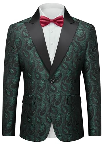 YND Mens Floral Suit Blazer, Slim Fit Paisley Tuxedo Jacket, Shawl Lapel with Bow Tie for Prom, Dinner, Wedding, Party, Dark Green, S