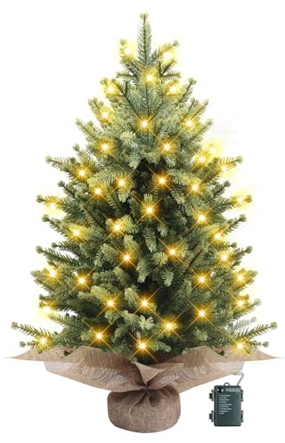MaxEarn Mini julgran med 60 LED-ljusslingor, 60 cm grön konstgjord julgran med säckvävsbas, miniatyrtall julgranar för hem, kök, matbord, bordsdekor