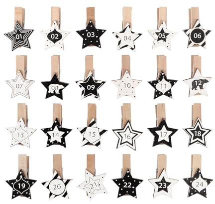 24 pinzas para calendario de Adviento, 1-24, pinzas de madera con patrones de estrellas, números para calendario de Adviento, decoración navideña, manualidades