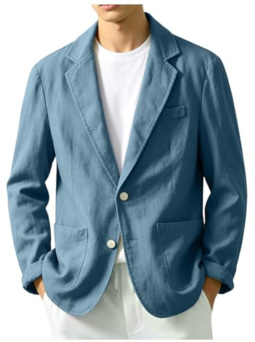 Chaqueta Lino Blazer Hombre Verano Casual Americana Manga Larga Solapa Botones Bolsillos Color Sólido Holgado Talla Grande Ligero Transpirable Blazer Lino Abrigo Cómodo para Casual Uso Diario
