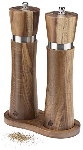 Navaris Salt and Pepper Grinder Set - Wooden Grinders with Tray Holder - Acacia Wood Mills for Table - 21.3 cm (8.4) Mill Set with Adjustable Ceramic Grinders