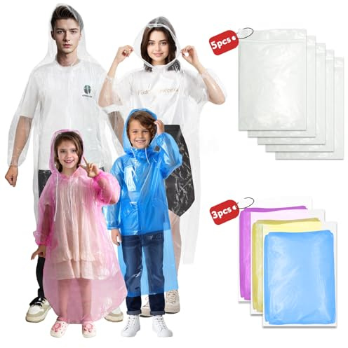 NVioAsport Ponchos Family Pack, (8 Pack) Rain Poncho for Adults Disposable Emergency Rain Ponchos