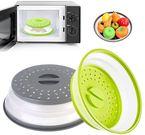Powmag Mikrowellen Abdeckung Faltbar, 2 Stück Abdeckhaube Mikrowelle, Mikrowellenhaube 27cm, Mikrowellenabdeckung Deckel, Mikrowellen Spritzschutz, auch als Filterkorb mit Dampflöchern (Grün + Grau)