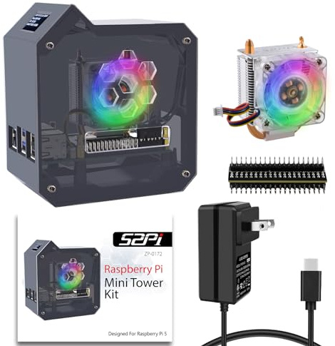 GeeekPi Mini Tower Kit with 27W Power Supply for Raspberry Pi 5, Pi 5 Case with ICE Tower Cooler, 0.96'' OLED Module, RGB Fan, Heatsink, GPIO Expansion Board for Raspberry Pi 5 8GB 4GB