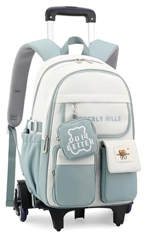 ZHANAO Color-blocking Rolling Backpack for Girls,Kawaii School Bag with Wheels,Trolley Bookbags for Primary Students