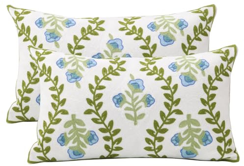Pilmandu Set of 2 Embroidered Decorative Throw Pillow Covers Couch Square Pillowcases Cushion for Bedroom Sofa Farmhouse Decor 12x20 Inch (Blue Floral-Lumbar)
